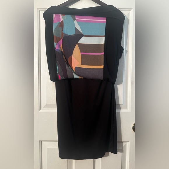 SUZY CHIN for MAGGY BOUTIQUE Sz 4 Wearable Art Blk Silk Shift Short Sleeve Dress - Picture 6 of 10
